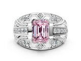 White gold Fancy Pink Emerald Cut Diamond Pave Art Deco Split Shank Ring with Four-Prong Setting
