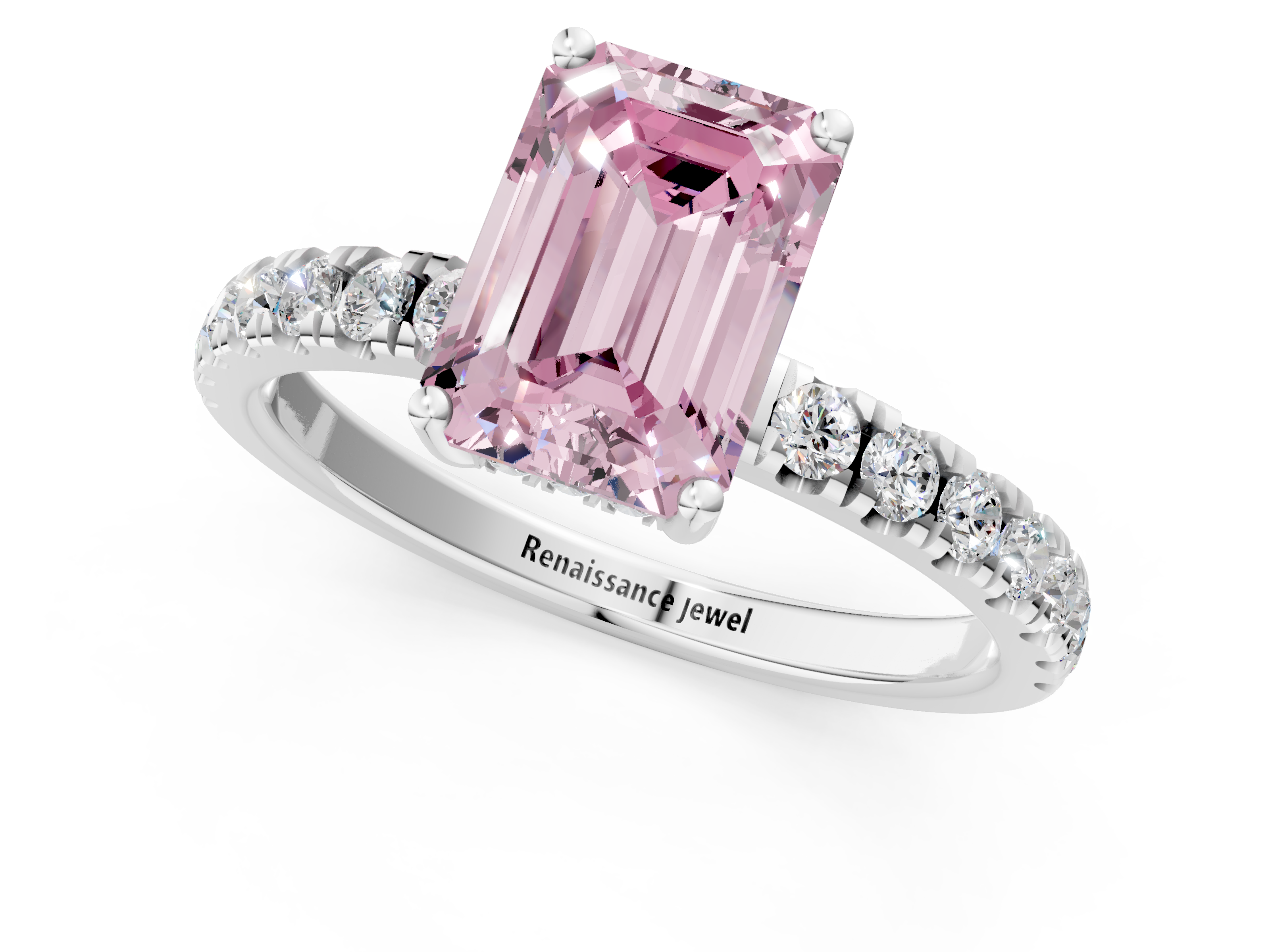 White gold Fancy Pink Emerald  Cut Diamond Pave Band Solitaire Ring with Four-Prong Setting_25