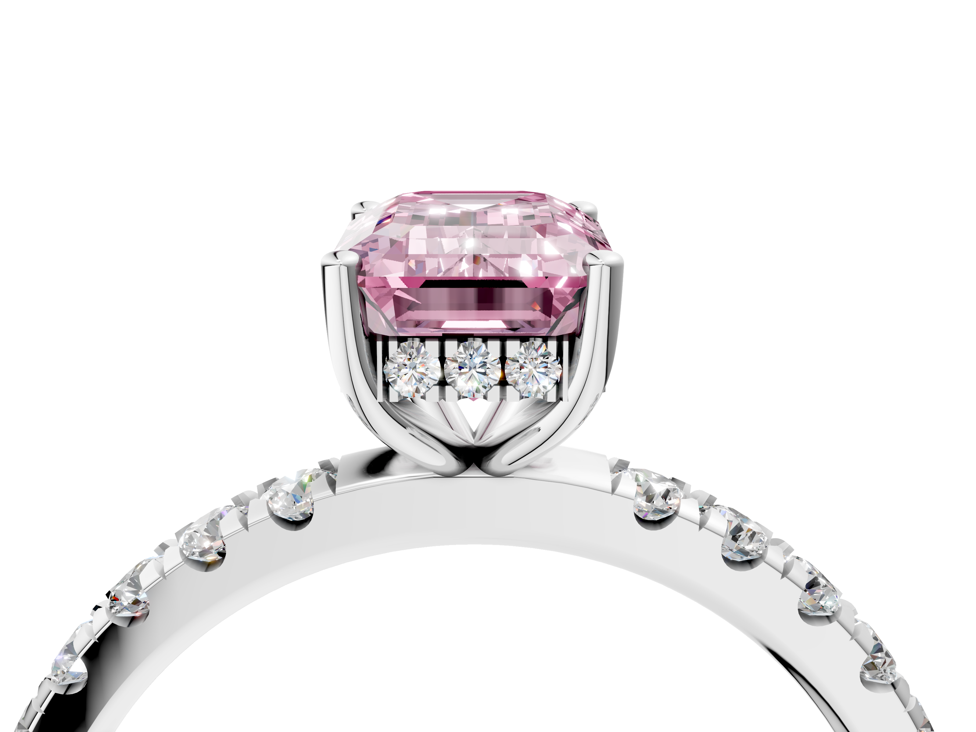 White gold Fancy Pink Emerald  Cut Diamond Pave Band Solitaire Ring with Four-Prong Setting_28