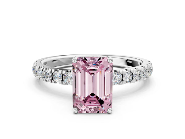 Platinum Fancy Pink Emerald Cut Diamond Pave Band Solitaire Ring with Round  and Prong Setting