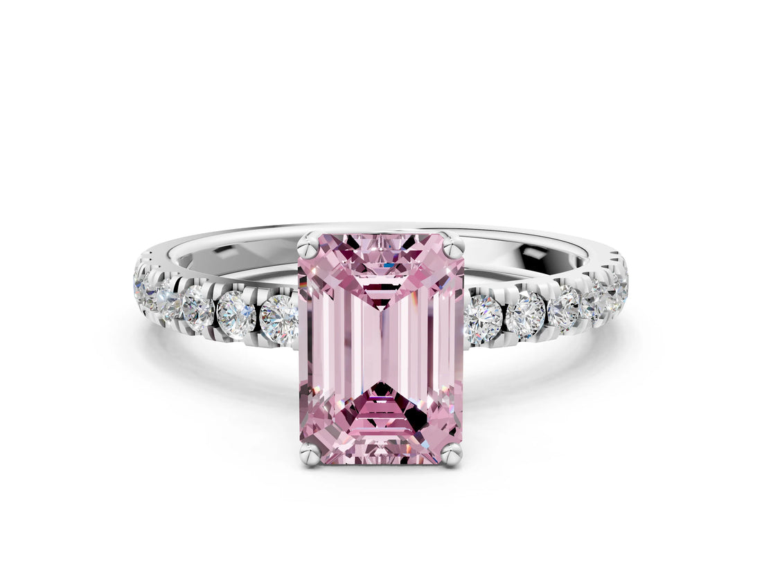 White gold Fancy Pink Emerald Cut Diamond Pave Band Solitaire Ring with Round  and Prong Setting_130