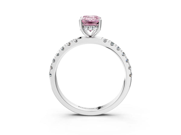 Platinum Fancy Pink Emerald Cut Diamond Pave Band Solitaire Ring with Round  and Prong Setting