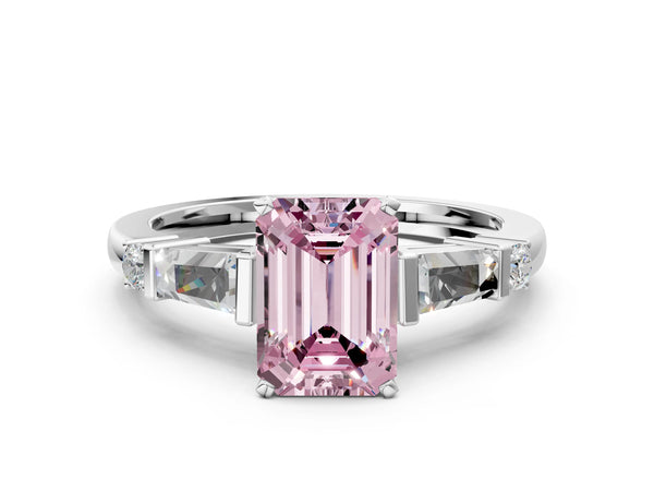 White gold Fancy Pink Emerald  Cut Diamond Ring with Baguette Side Stones, Channel Set Band, and Four-Prong Setting