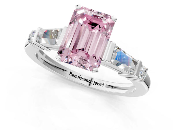 White gold Fancy Pink Emerald  Cut Diamond Ring with Baguette Side Stones, Channel Set Band, and Four-Prong Setting