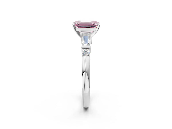 White gold Fancy Pink Emerald  Cut Diamond Ring with Baguette Side Stones, Channel Set Band, and Four-Prong Setting