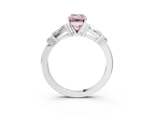 White gold Fancy Pink Emerald  Cut Diamond Ring with Baguette Side Stones, Channel Set Band, and Four-Prong Setting
