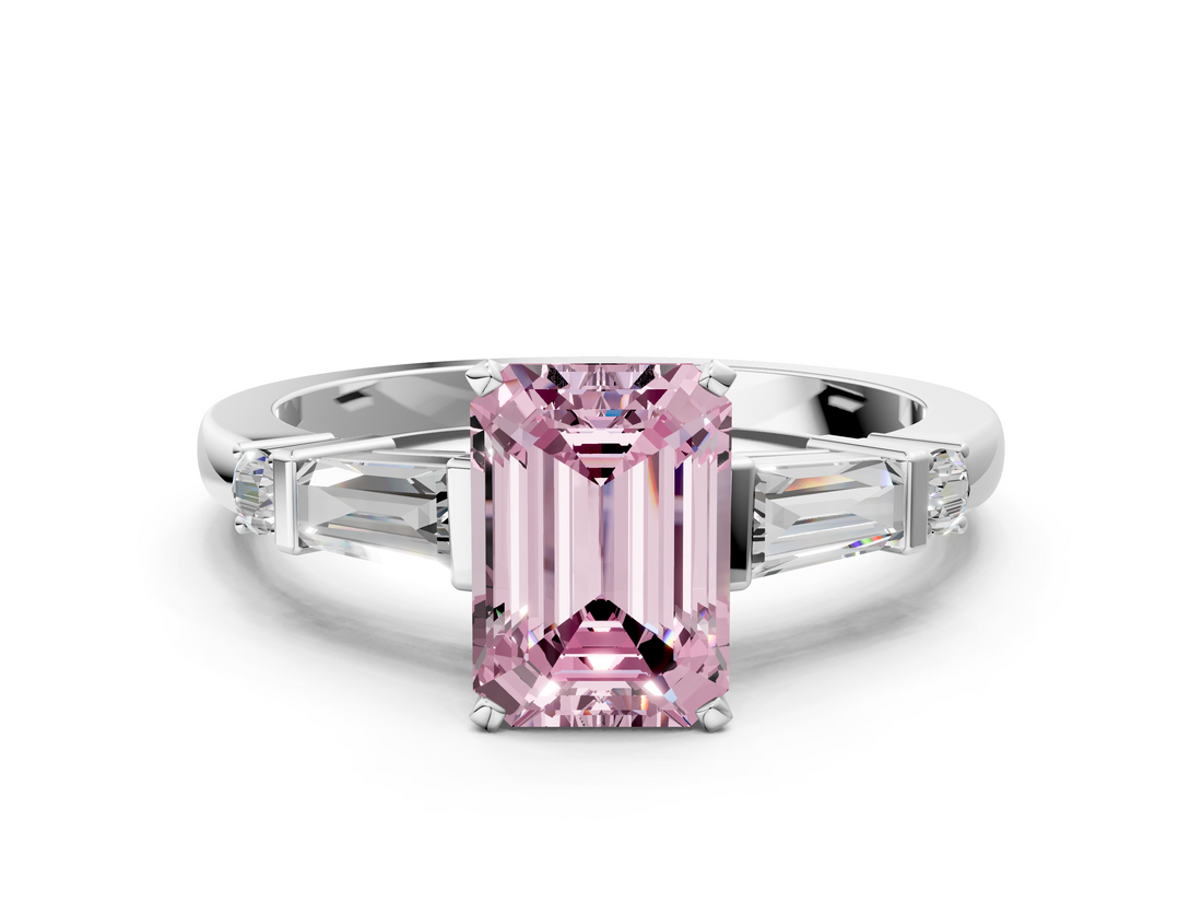 White gold Fancy Pink Emerald  Cut Diamond Ring with Baguette Side Stones, Channel Set Band, and Four-Prong Setting_3