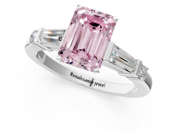 White gold Fancy Pink Emerald  Cut Diamond Ring with Baguette Side Stones, Channel Set Band, and Four-Prong Setting