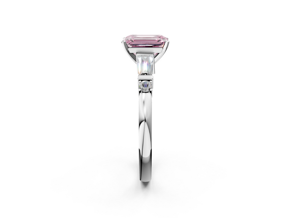 White gold Fancy Pink Emerald  Cut Diamond Ring with Baguette Side Stones, Channel Set Band, and Four-Prong Setting
