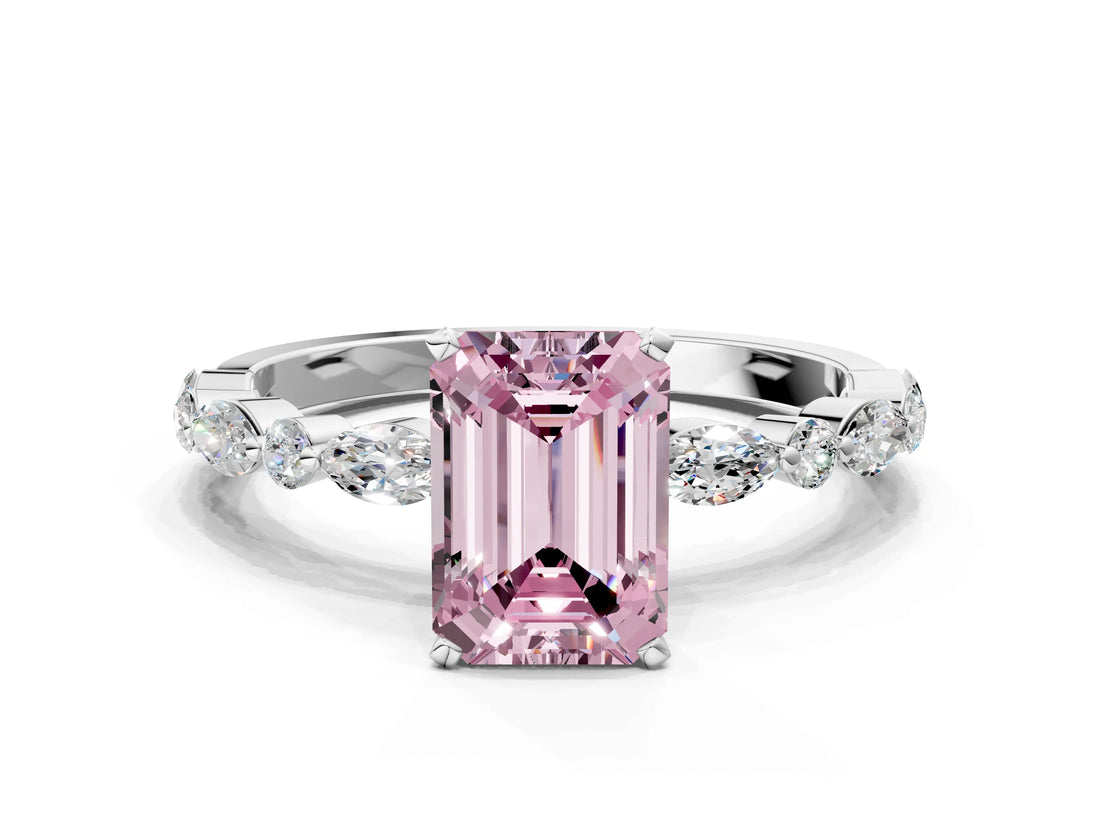 White gold Fancy Pink Emerald Cut Diamond Ring with Marquise and Round  Side Stones and Four-Prong Setting_76