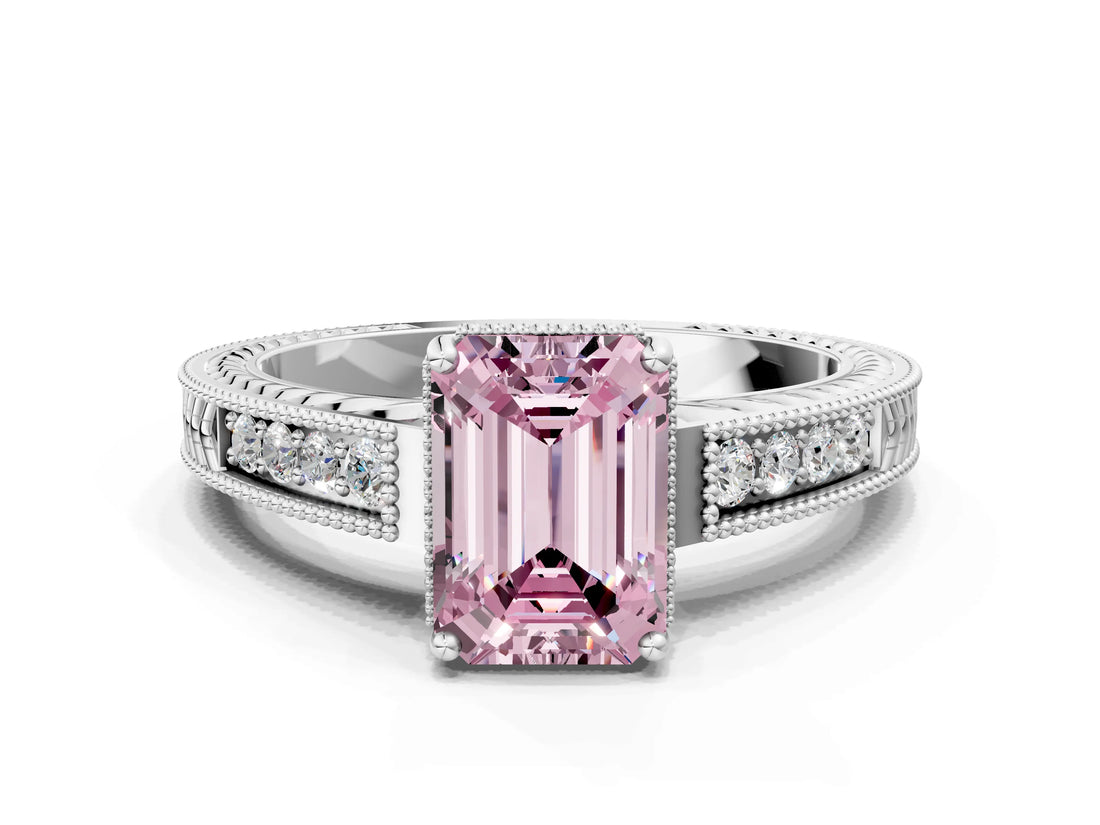 White gold Fancy Pink Emerald Cut Diamond Ring with Milgrain Pavé Band and Four-Prong Setting_32