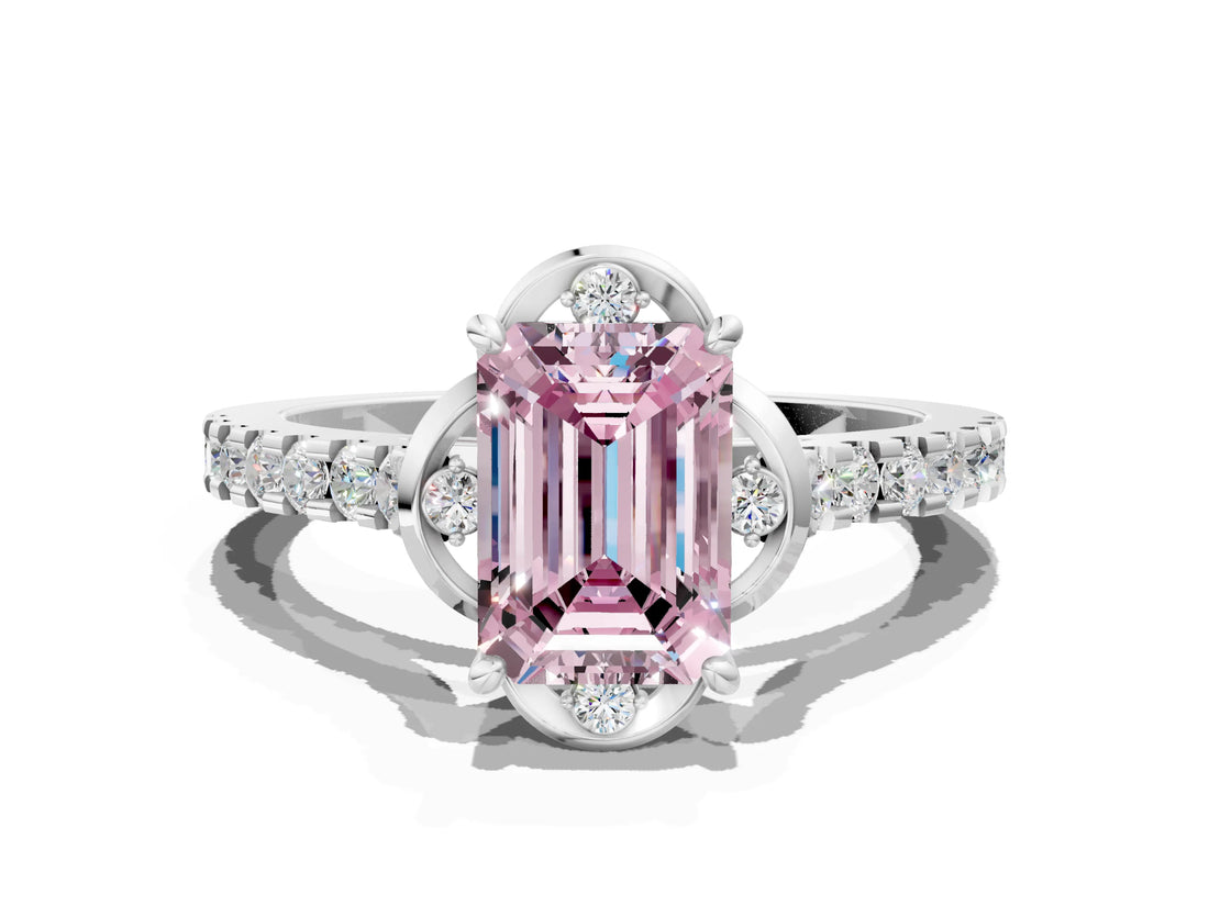 White gold Fancy Pink Emerald Cut Diamond Ring with Pavé Band and Floral Prong Setting_59