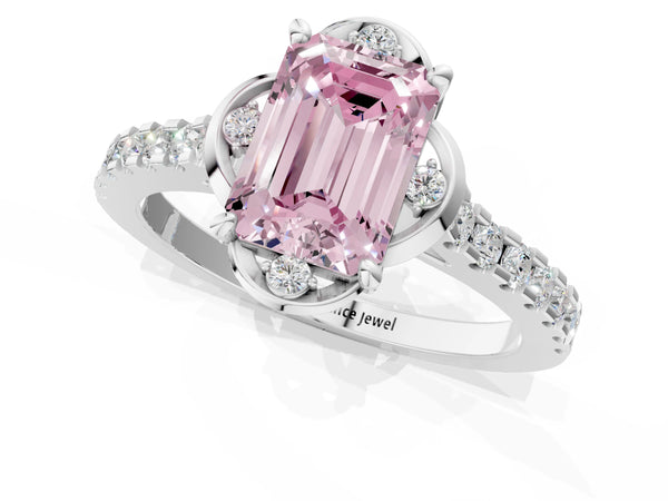 Platinum Emerald Cut Floral Petal Pave Engagement Ring Setting for Fancy Pink Center