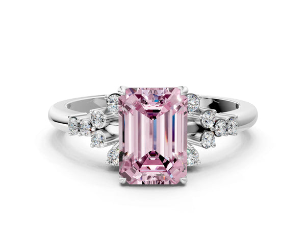 Platinum Fancy Pink Emerald Cut Diamond Ring with Side Stones and Four-Prong Setting