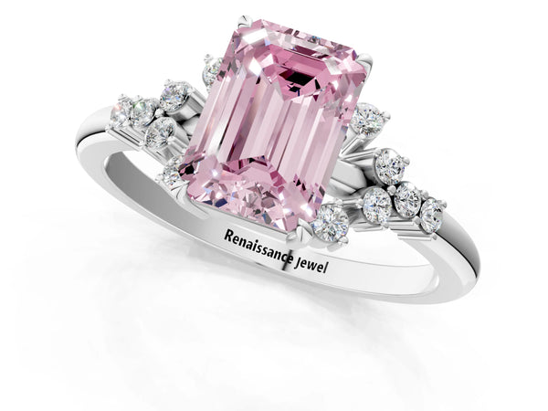 Platinum Fancy Pink Emerald Cut Diamond Ring with Side Stones and Four-Prong Setting