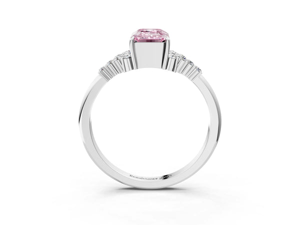 Platinum Fancy Pink Emerald Cut Diamond Ring with Side Stones and Four-Prong Setting