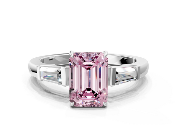 Platinum Fancy Pink Emerald  Cut Diamond Ring with Tapered Baguette Side Stones in Four-Prong Setting