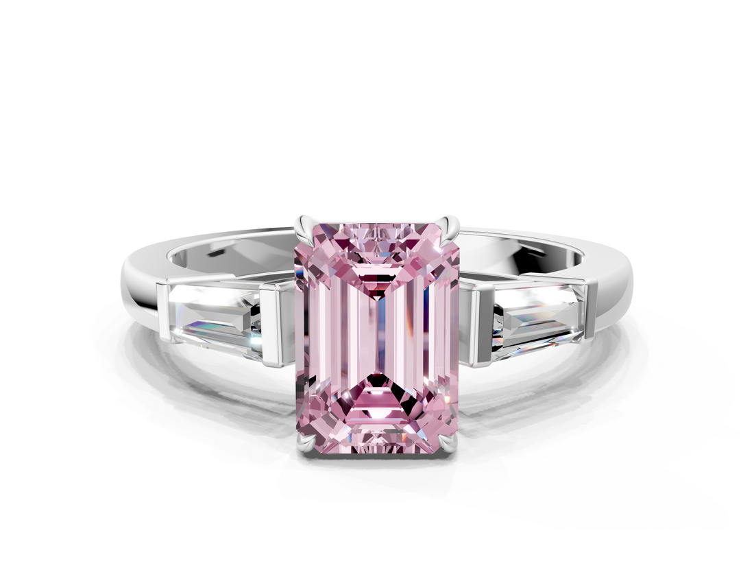 White gold Fancy Pink Emerald  Cut Diamond Ring with Tapered Baguette Side Stones in Four-Prong Setting_3