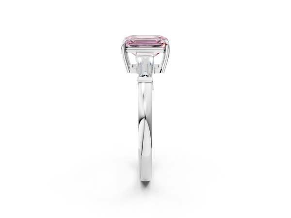 Platinum Fancy Pink Emerald  Cut Diamond Ring with Tapered Baguette Side Stones in Four-Prong Setting