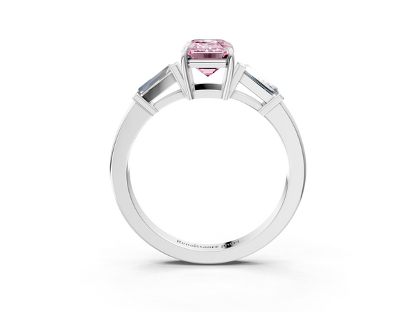 Platinum Fancy Pink Emerald  Cut Diamond Ring with Tapered Baguette Side Stones in Four-Prong Setting