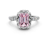 White gold Fancy Pink Emerald Cut Diamond Scalloped Halo Engagement Ring with Round Shared Prong Band_13