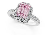 White gold Fancy Pink Emerald Cut Diamond Scalloped Halo Engagement Ring with Round Shared Prong Band_14