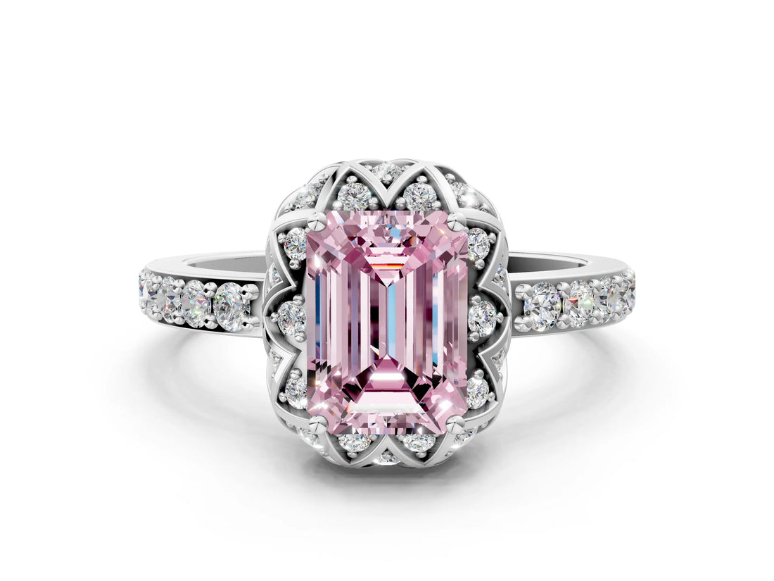 White gold Fancy Pink Emerald Cut Diamond Scalloped Halo Engagement Ring with Round Shared Prong Band_19