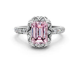 White gold Fancy Pink Emerald Cut Diamond Scalloped Halo Engagement Ring with Round Shared Prong Band_19