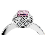 White gold Fancy Pink Emerald Cut Diamond Scalloped Halo Engagement Ring with Round Shared Prong Band_23