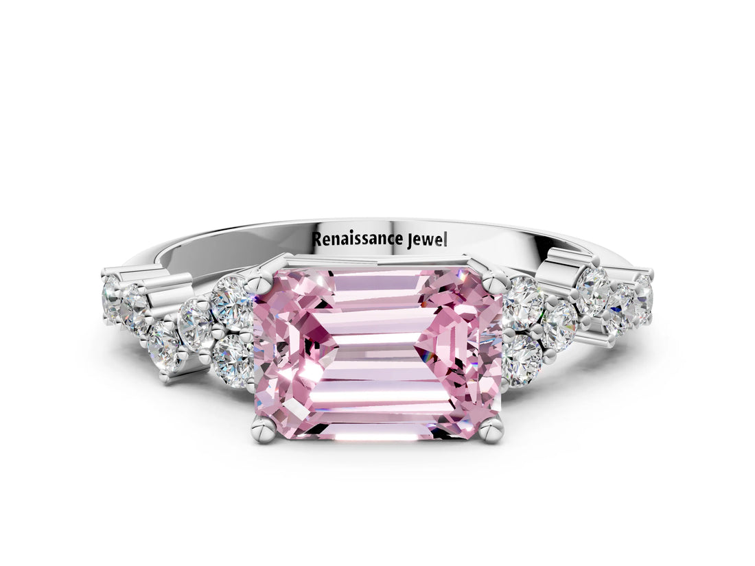 White gold Fancy Pink Emerald Cut Diamond Scattered Round Accent Ring with Prong Setting_12