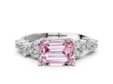 White gold Fancy Pink Emerald Cut Diamond Scattered Round Accent Ring with Prong Setting_12