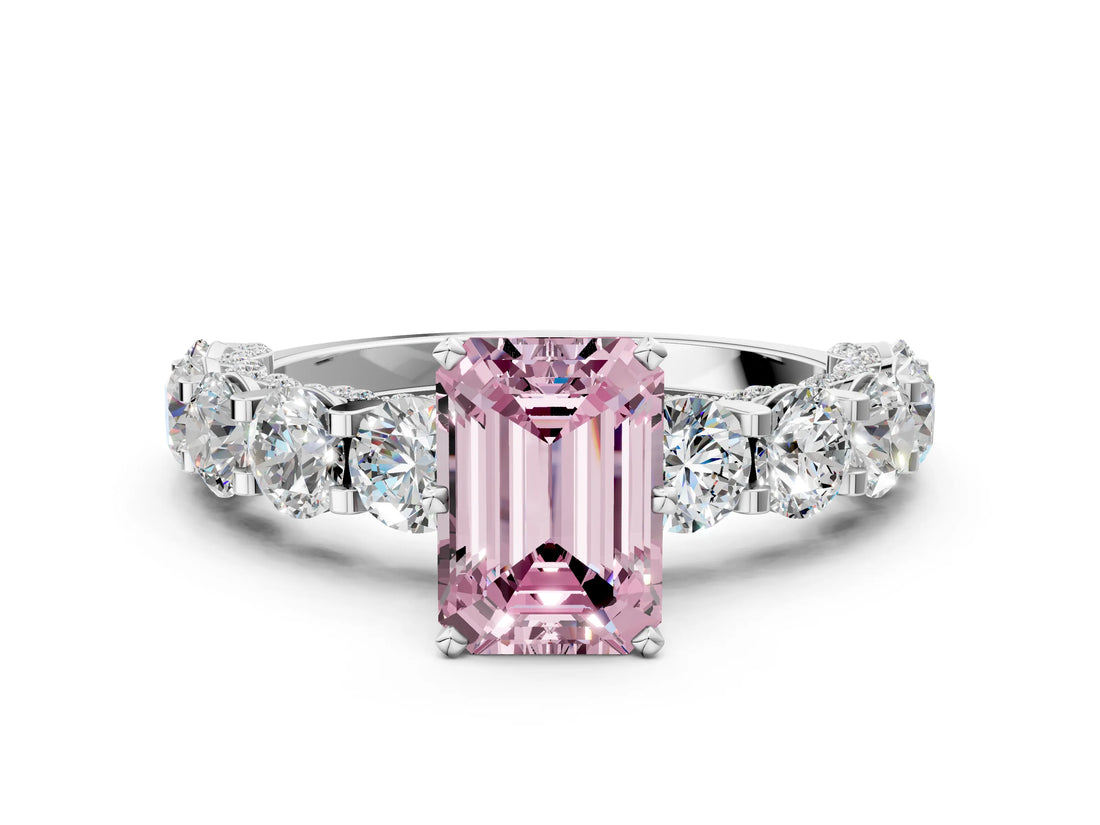 White gold Fancy Pink Emerald Cut Diamond Side Stone Engagement Ring with Four-Prong Setting_49
