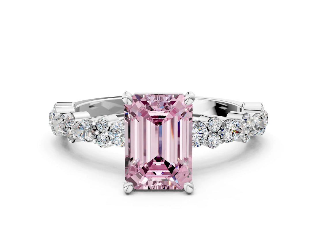 White gold Fancy Pink Emerald Cut Diamond Side Stone Solitaire Ring with Round  and Four-Prong Setting_150