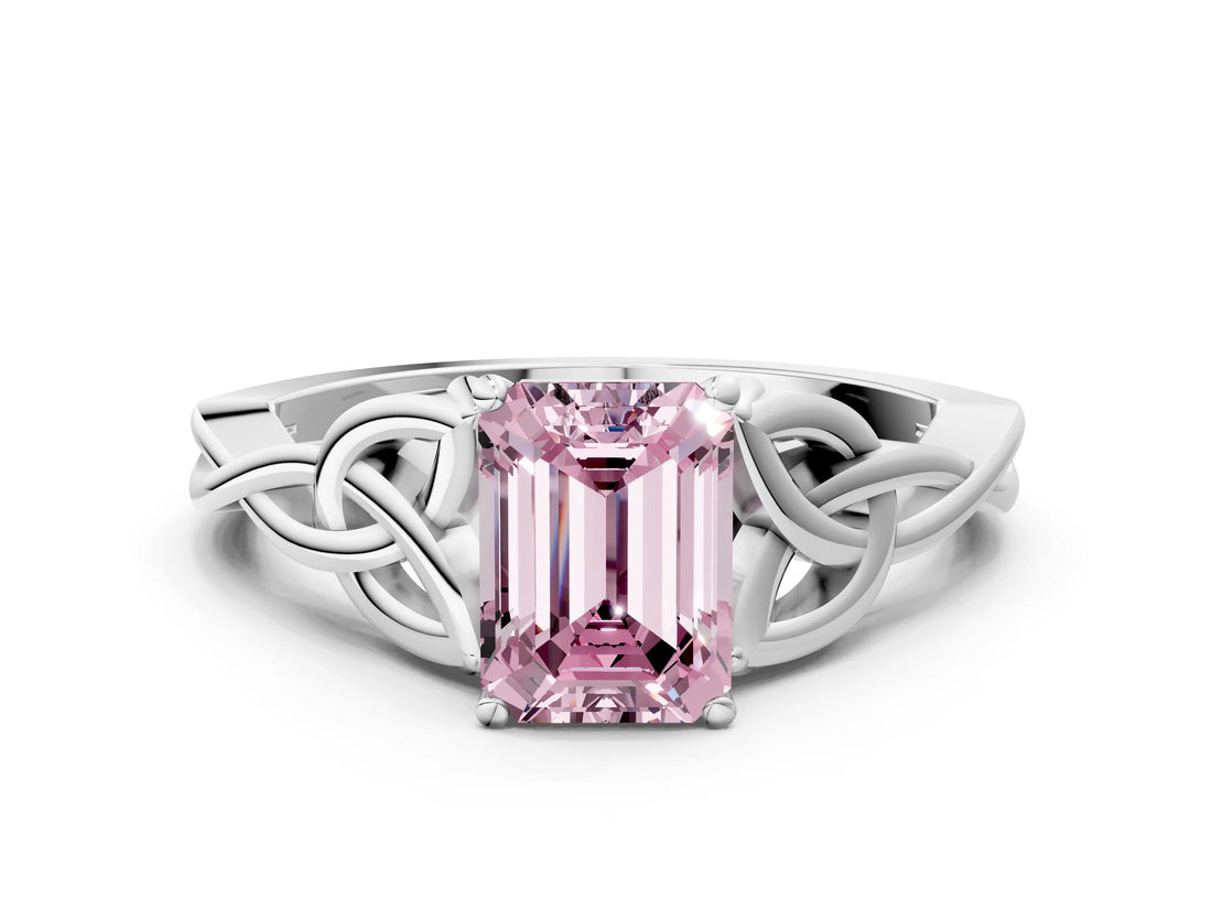 White gold Fancy Pink Emerald Cut Diamond Solitaire Celtic Knot Ring with Four-Prong Setting_66
