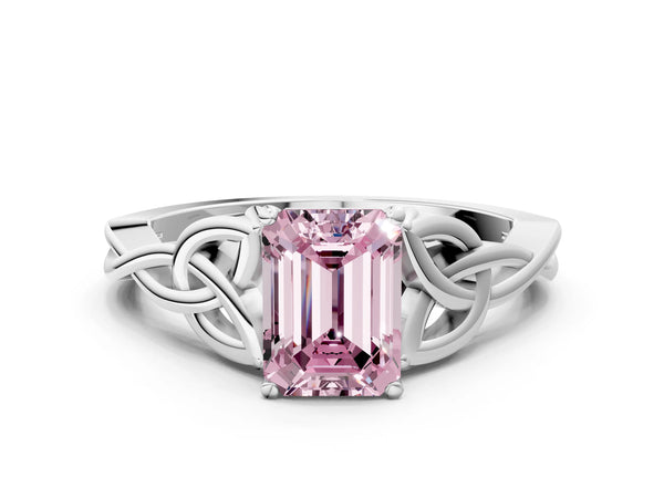 White gold Fancy Pink Emerald Cut Diamond Solitaire Celtic Knot Ring with Four-Prong Setting