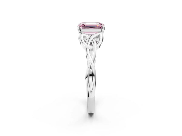White gold Fancy Pink Emerald Cut Diamond Solitaire Celtic Knot Ring with Four-Prong Setting