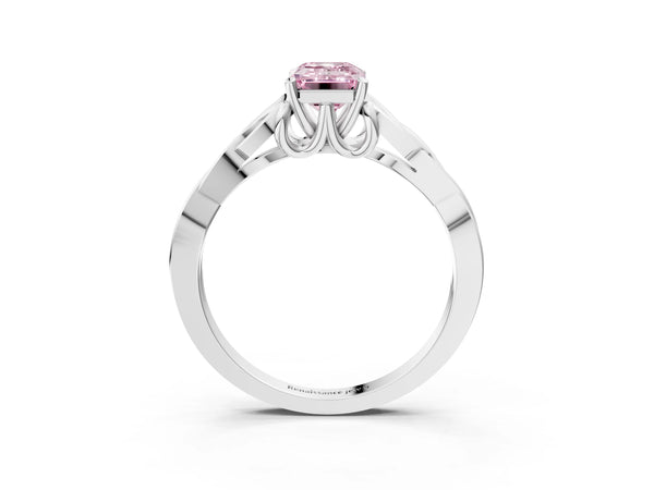 White gold Fancy Pink Emerald Cut Diamond Solitaire Celtic Knot Ring with Four-Prong Setting