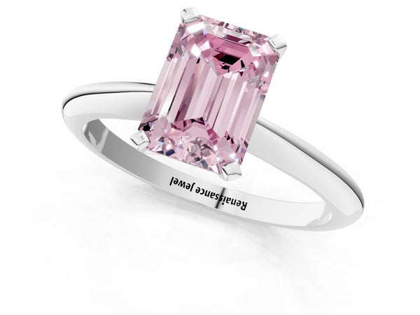 White gold Fancy Pink Emerald Cut Diamond Solitaire Engagement Ring with Classic Band and Four-Prong Setting