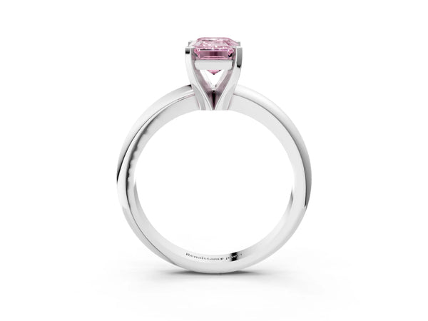 White gold Fancy Pink Emerald Cut Diamond Solitaire Engagement Ring with Round Band and Four-Prong Setting