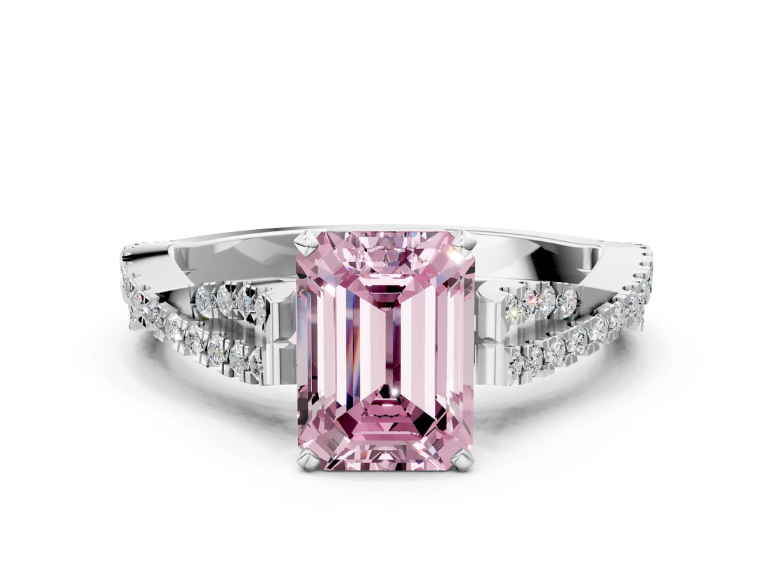White gold Fancy Pink Emerald Cut Diamond Solitaire Engagement Ring with Twisted Pavé Band and Four-Prong Setting_92