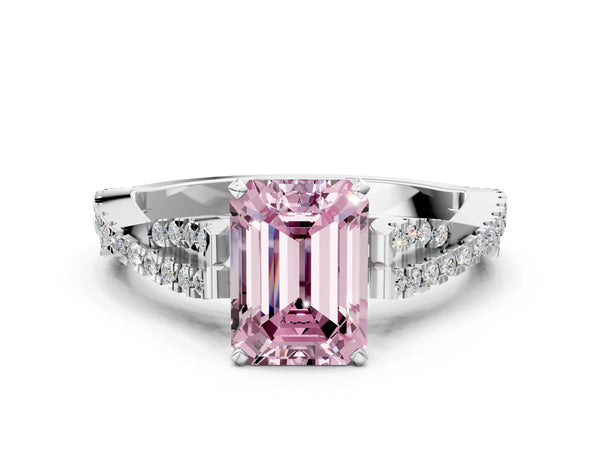 White gold Fancy Pink Emerald Cut Diamond Solitaire Engagement Ring with Twisted Pavé Band and Four-Prong Setting