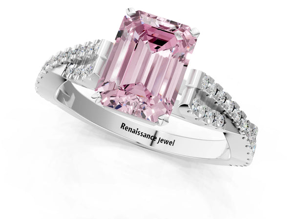 White gold Fancy Pink Emerald Cut Diamond Solitaire Engagement Ring with Twisted Pavé Band and Four-Prong Setting