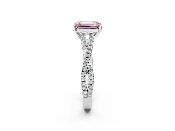 White gold Fancy Pink Emerald Cut Diamond Solitaire Engagement Ring with Twisted Pavé Band and Four-Prong Setting