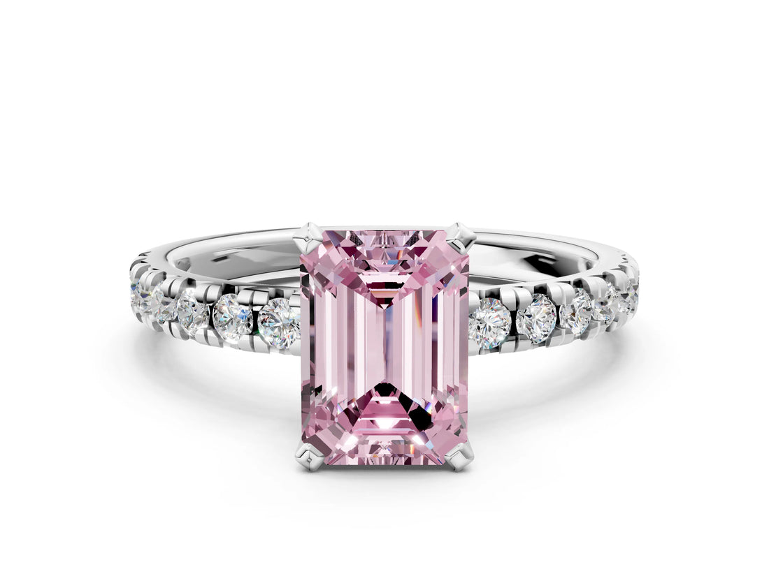 White gold Fancy Pink Emerald Cut Diamond Solitaire Pavé Engagement Ring with Round Band and Prong Setting_85