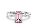 White gold Fancy Pink Emerald Cut Diamond Solitaire Ring with Beaded Band and Prong Setting_394