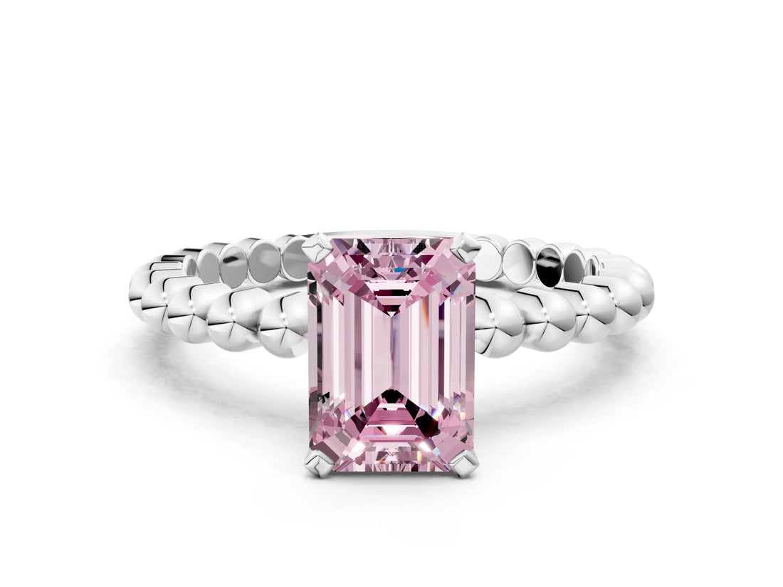 White gold Fancy Pink Emerald Cut Diamond Solitaire Ring with Beaded Band and Prong Setting_394