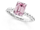 White gold Fancy Pink Emerald Cut Diamond Solitaire Ring with Beaded Band and Prong Setting_396