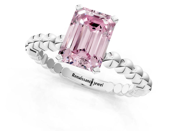 Platinum Fancy Pink Emerald Cut Diamond Solitaire Ring with Beaded Band and Prong Setting