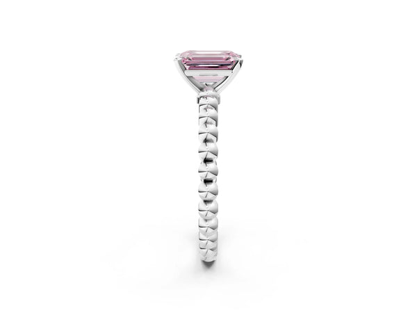 Platinum Fancy Pink Emerald Cut Diamond Solitaire Ring with Beaded Band and Prong Setting