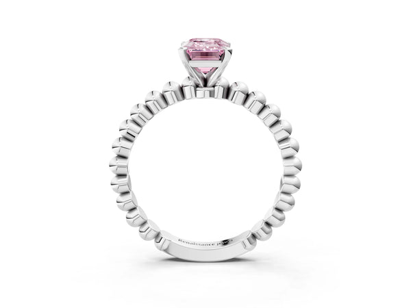 Platinum Fancy Pink Emerald Cut Diamond Solitaire Ring with Beaded Band and Prong Setting